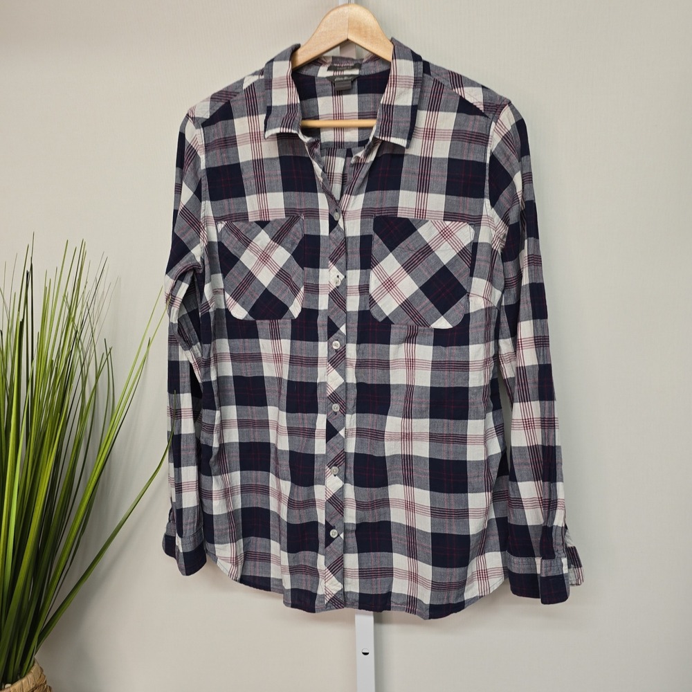 Eddie Bauer Plaid Button Down Shirt - Navy and White